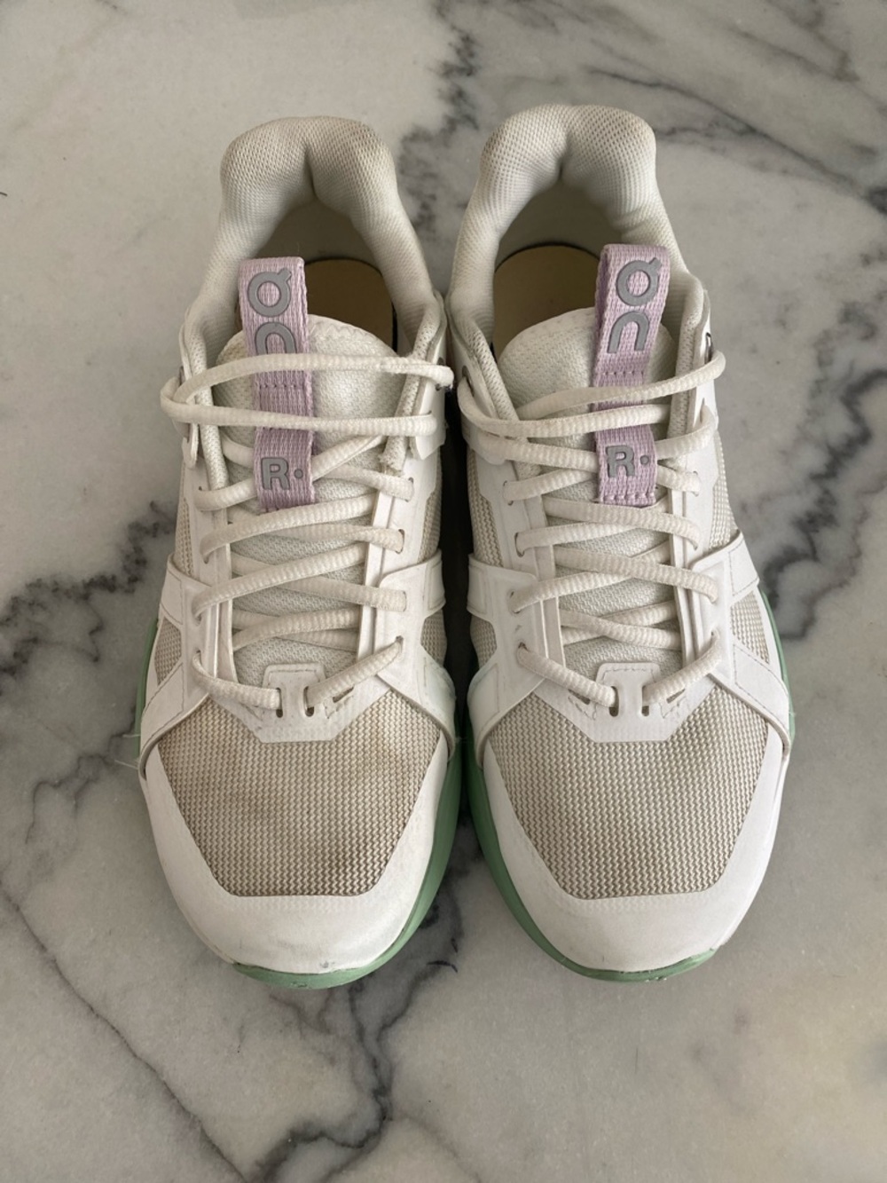 On Running Roger Kid’s White Sneakers with Light Pink Tongue and Mint Accents